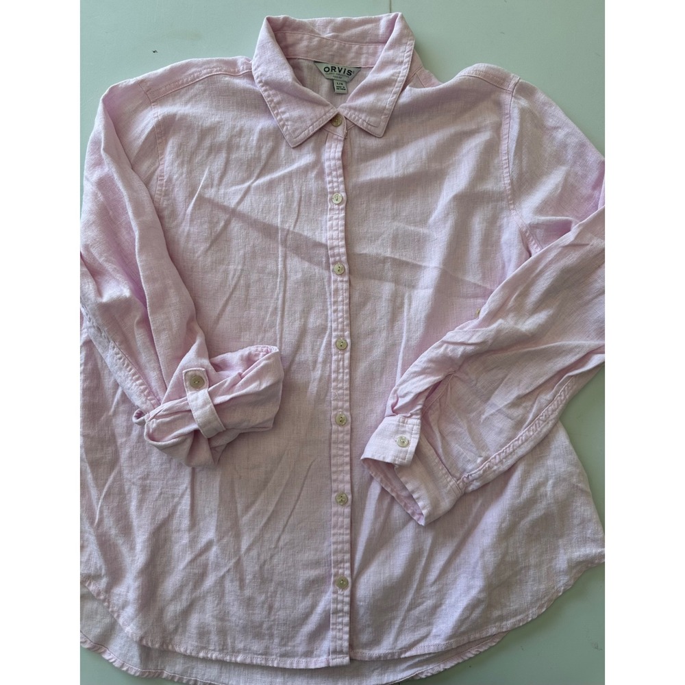 Orvis Classic Collection Pink Linen Blend Button Down Roll Tab Shirt Womens L